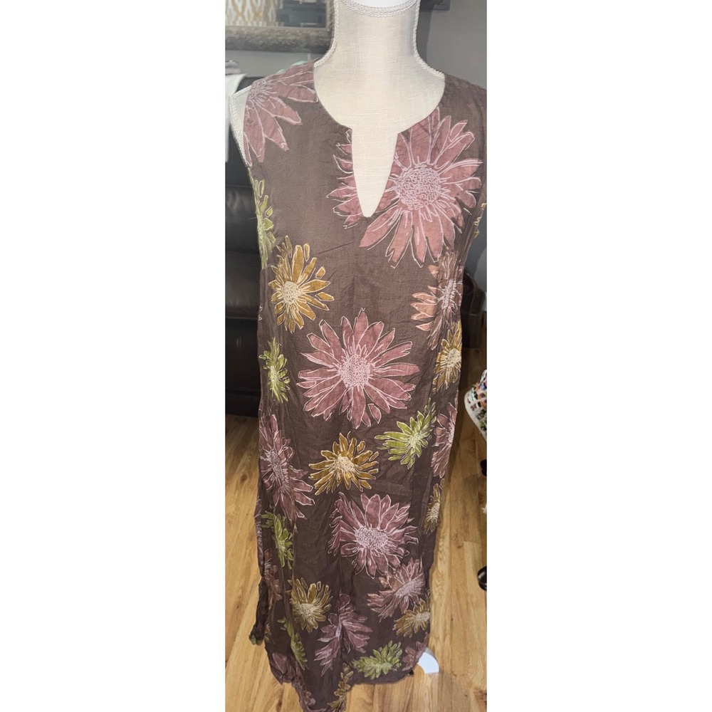 Fresh Produce Brown Floral Linen Sleeveless V-Neck Midi Dress Womens Medium